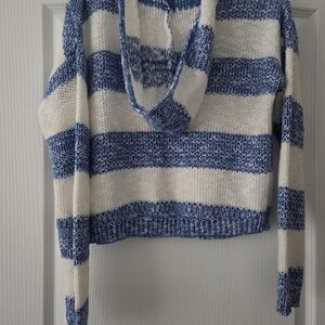 Wet Seal Blue and White Striped Knit Hoodie Sweater